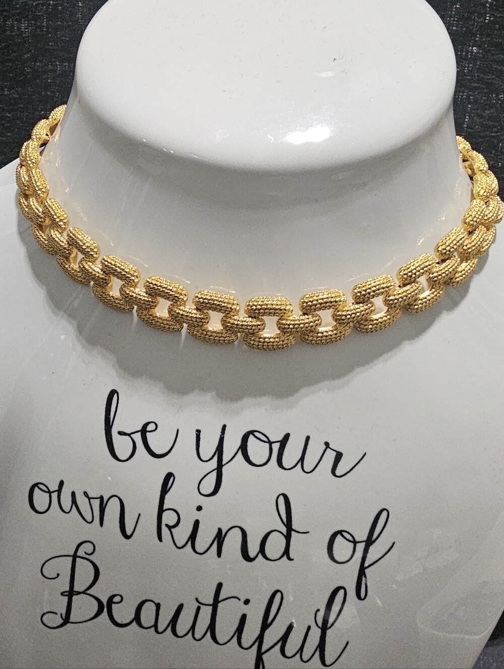 Vintage Monet Necklace Textured Gold-Tone Link Choker Collar